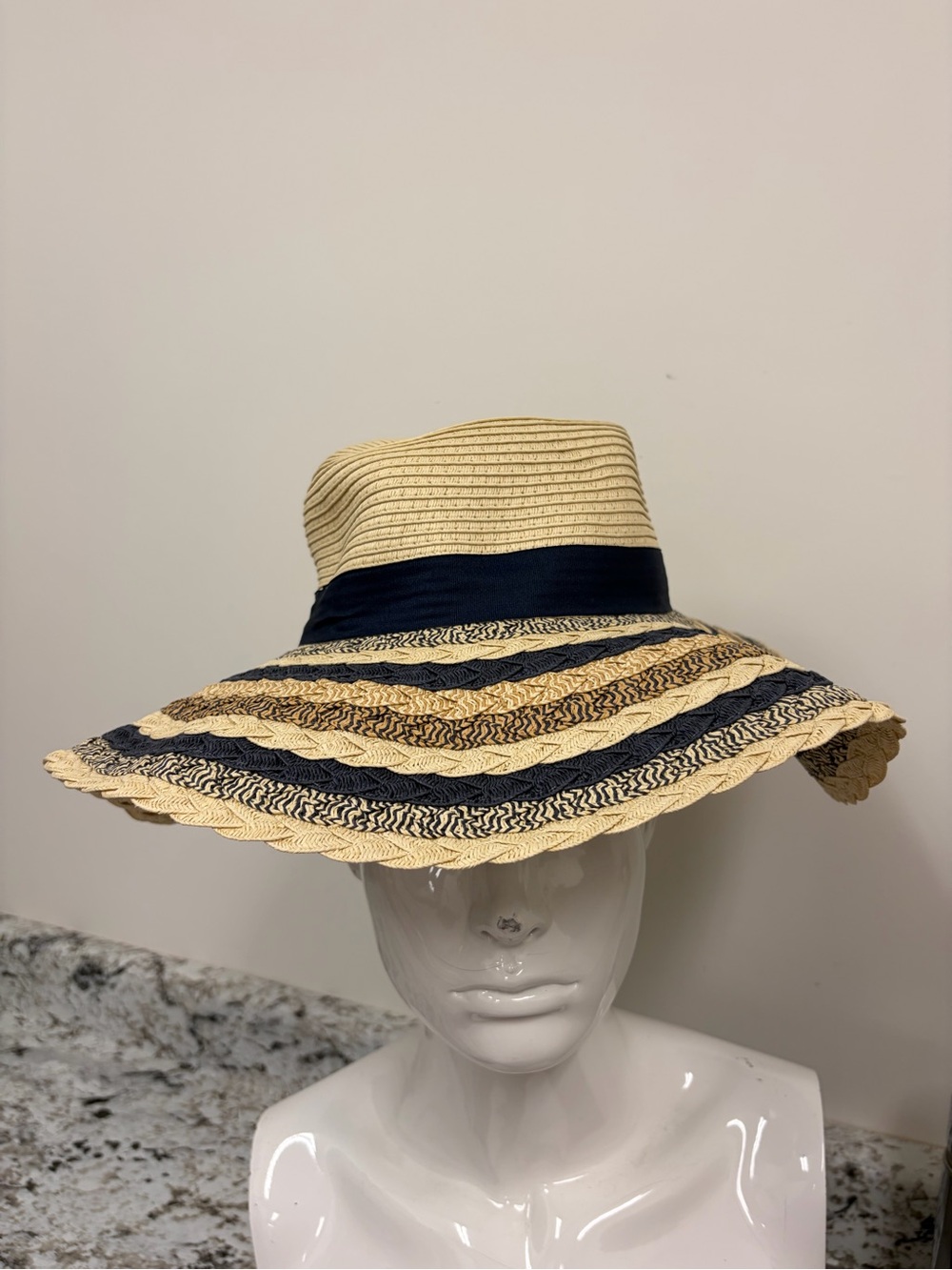 Barbour Natural Straw Hat with Navy Band and Striped Brim